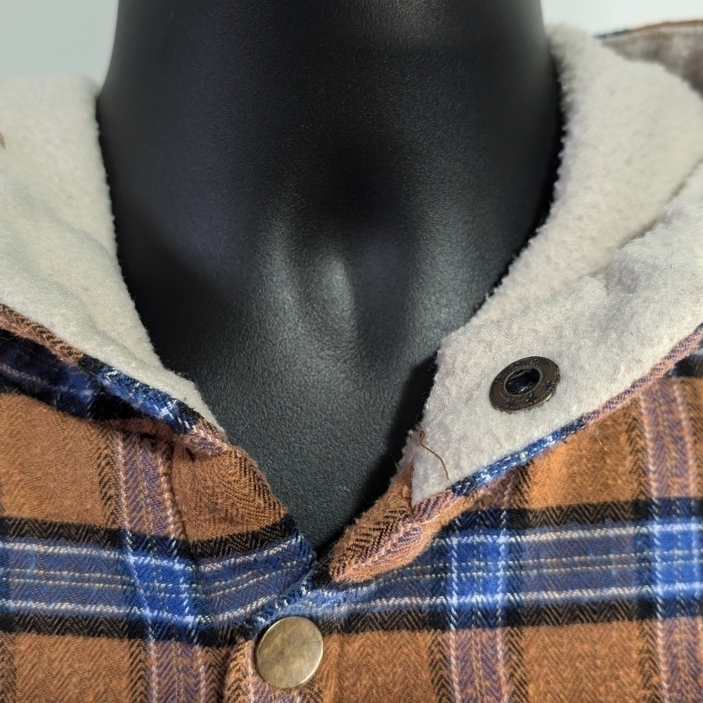 Z Man Plaid Long Sleeve Fleece Hoodie Size Small Snap Pockets Orange Blue - Picture 2 of 8